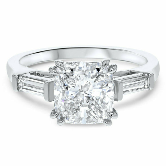 2ct Engagement Ring Cushion Diamond Trilogy Baguette Accent 14k White Gold Over