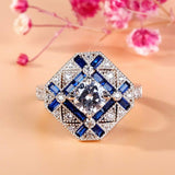 3Ct Round Cut Diamond Blue Sapphire Engagement Art Deco Ring 14K White Gold Over