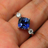 1.7ct Cushion Cut Blue Sapphire Engagement Ring Trilogy 14k White Gold Finish