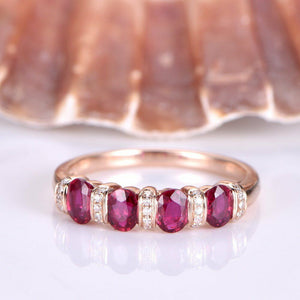 3ct Oval Cut Pink Ruby Eternity Promise Wedding Band Ring 14k Rose Gold Finish