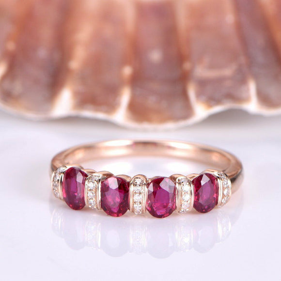 3ct Oval Cut Pink Ruby Eternity Promise Wedding Band Ring 14k Rose Gold Finish