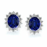 2Ct Oval Cut Blue Sapphire Diamond Halo Floral Stud Earrings 18K White Gold Over