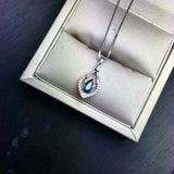 2ct London Blue Topaz Pendant Pear Cut Halo Drop 14k White Gold Finish NO CHAIN