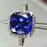 3Ct Cushion Cut Blue Sapphire Diamond Accent Halo Ring 14K White Gold Finish