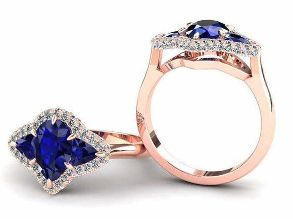 2ct Pear Blue Sapphire Engagement Ring Halo Trilogy Solitaire 14k Rose Gold Over