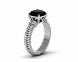 Solitaire Rope Shank Ring 1.2ct Cushion Cut Black Diamond 14k White Gold Finish