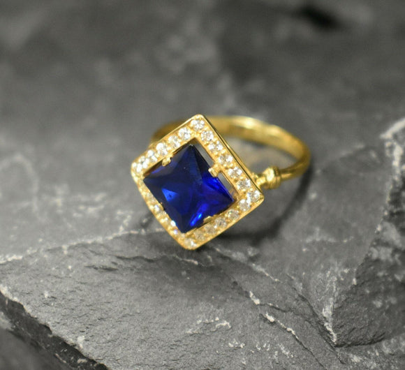 2ct Engagement Ring Princess Cut Blue Sapphire Diamond Halo 14k Yellow Gold Over