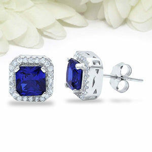 1ct Princess Cut Blue Sapphire Halo Diamond Stud Earrings 14k White Gold Finish