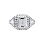 5Ct Emerald Cut Diamond Halo Iced Trilogy Engagement Ring 14K White Gold Finish