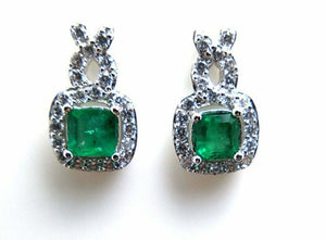 2ct Drop Earrings Princess Cut Green Emerald Halo 14k White Gold Finish