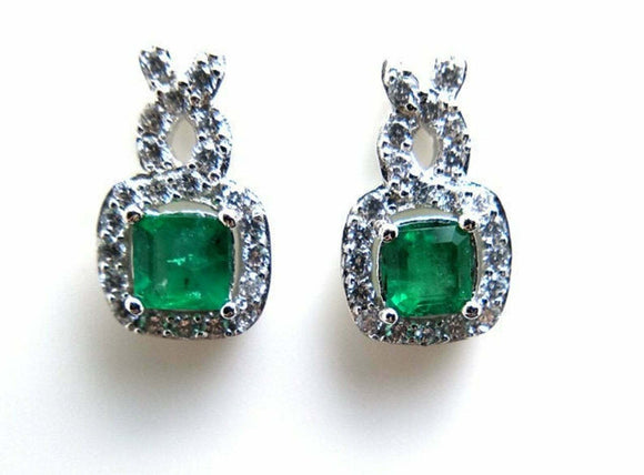 2ct Drop Earrings Princess Cut Green Emerald Halo 14k White Gold Finish