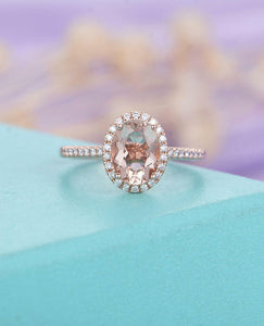 2.1ct Oval Cut Peach Morganite Halo Trendy Engagement Ring 14k Rose Gold Finish