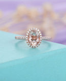 2.1ct Oval Cut Peach Morganite Halo Trendy Engagement Ring 14k Rose Gold Finish