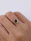 1ct Pear Cut Blue Sapphire Engagement Ring Diamond Crown 14k Yellow Gold Finish