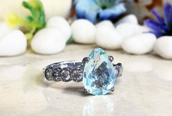 2ct Pear Cut Blue Aquamarine Round Diamond Accent Ring 14k White Gold Finish