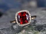 1.8Ct Cushion Cut Red Garnet Halo Solitaire Engagement Ring 14K Rose Gold Finish