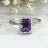 3Ct Emerald Cut Amethyst Diamond Accent Halo Engagement Ring 14K White Gold Over