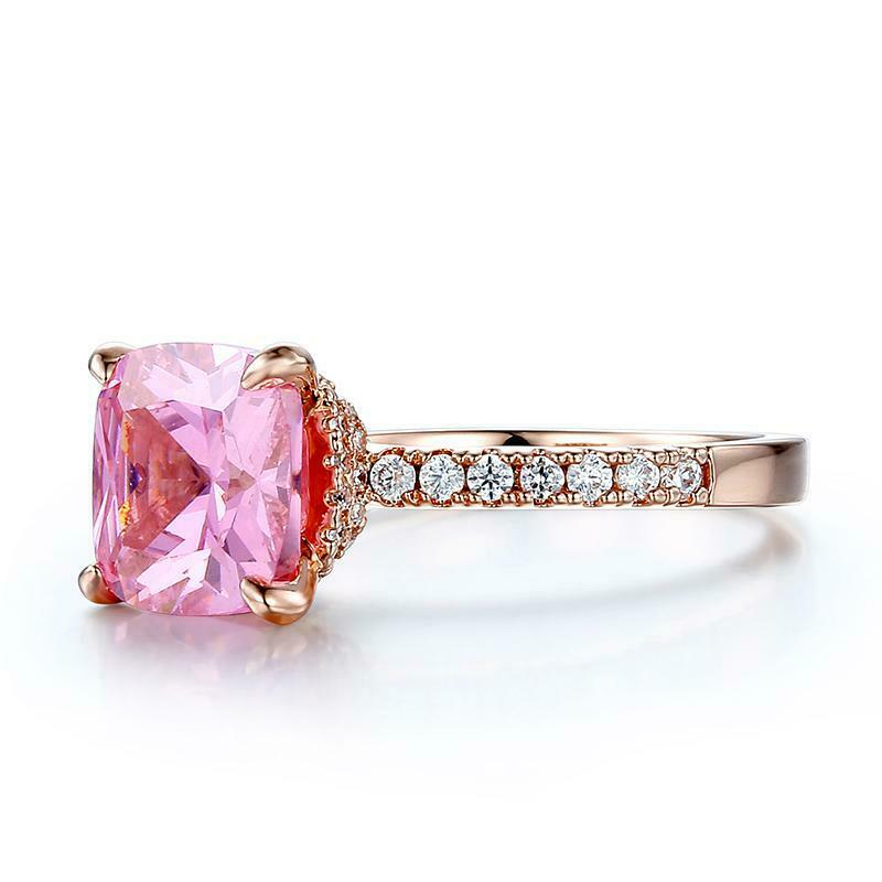 Cushion Cut Pink Sapphire Solitaire Engagement Ring 14K Rose Gold