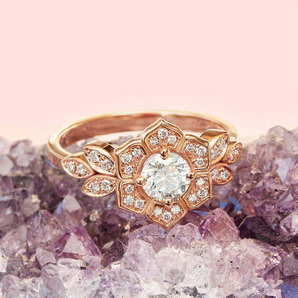 2ct Round Cut Diamond Unique Flower Leaf Accent Solitaire Ring 14k RoseGold Over