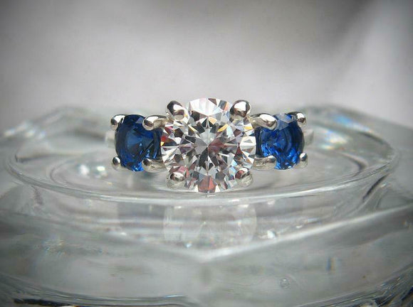 2ct Round Cut Diamond Trilogy Ring 14k White Gold Finish Blue Sapphire Accents