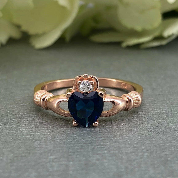 1ct Heart Cut Blue Sapphire Claddagh Design Engagement Ring 14k Rose Gold Finish