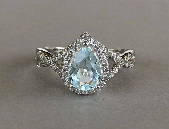 2ct Pear Cut Blue Aquamarine Halo Infinity Engagement Ring 14k White Gold Finish