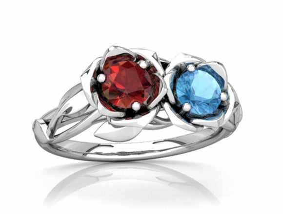 1.5ct Round Cut Red Garnet Blue Topaz Two Stone Flower Ring 14k White Gold Over