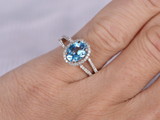 2.5ct Oval Cut Blue Topaz Engagement Ring Halo Split Shank 14k White Gold Finish