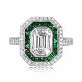 3.1ct Emerald Cut Diamond Green Emerald Halo Art Deco Ring 14k White Gold Finish