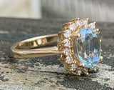 4ct Engagement Ring Oval Cut Blue Aquamarine Diamond Halo 14k Yellow Gold Finish