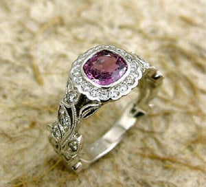 2Ct Cushion Cut Pink Sapphire Vintage Halo Engagement Ring 14K White Gold Finish