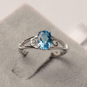 1ct Engagement Ring Oval Cut Blue Topaz Heart Split Shank 14k White Gold Finish