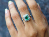 3ct Engagement Ring Green Emerald Cut Round Accent Dual Halo 14k White Gold Over