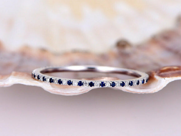 1ct Round Cut Alternate Blue Sapphire Diamond Eternity Band 14k White Gold Over