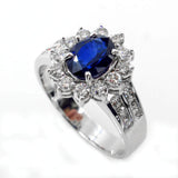 4Ct Oval Blue Sapphire Diamond Halo Floral Engagement Ring 14K White Gold Finish