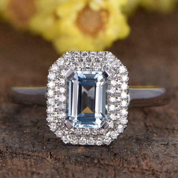 2ct Emerald Cut Blue Aquamarine Engagement Ring Dual Halo 14k White Gold Finish