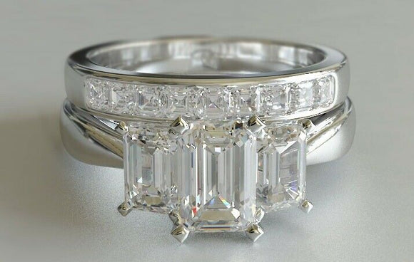 3ct Emerald Cut Diamond Engagement Ring Trilogy Bridal Set 14k White Gold Finish