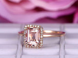 1.6ct Emerald Cut Peach Morganite Diamond Halo Solitaire Ring 14k Rose Gold Over