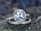 1.7Ct Round Cut Blue Aquamarine Bridal Set Engagement Ring 14K White Gold Finish