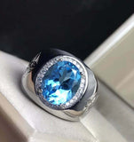 2ct Oval Cut Blue Topaz Signet Halo Men Engagement Ring 14k White Gold Finish