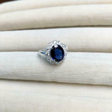 3ct Engagement Ring Oval Cut Blue Sapphire Floral Cluster 14k White Gold Finish