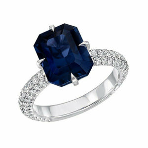 2ct Emerald Cut Blue Sapphire Engagement Ring Round Accent 14k White Gold Finish