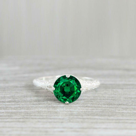 2ct Round Cut Green Emerald Diamond Accents Engagement Ring 14k WhiteGold Finish