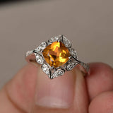 1.5ct Cushion Cut Yellow Citrine Engagement Ring 14k White Gold Finish Floral