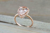 1.6ct Pear Cut Peach Morganite Diamond Halo Rope Band Ring 14k Rose Gold Finish