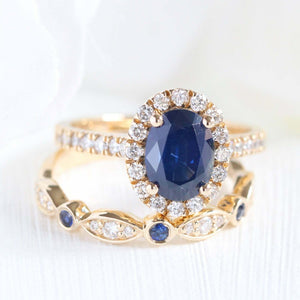 2.4ct Oval Cut Blue Sapphire Engagement Ring Bridal Set 18k Yellow Gold Finish