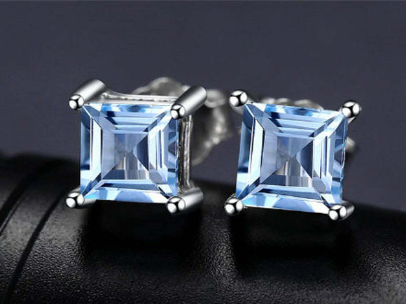 2ct Stud Earrings Princess Cut Blue Topaz Solitaire Design 14k White Gold Finish