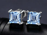 2ct Stud Earrings Princess Cut Blue Topaz Solitaire Design 14k White Gold Finish