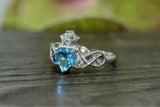 1ct Heart Cut Blue Topaz Engagement Ring Double Knot Crown 14k White Gold Finish