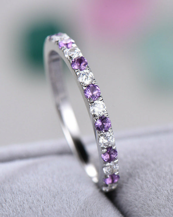 2Ct Round Diamond Purple Amethyst Half Eternity Weding Band 14K White Gold Over